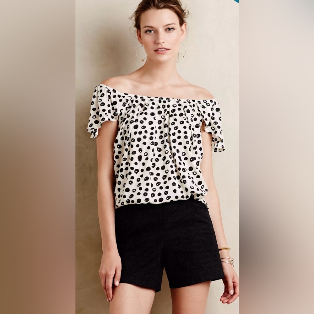 Anthropologie Maeve Polka Dot Off Shoulder Ruffle Blouse Top Medium Peasant Top